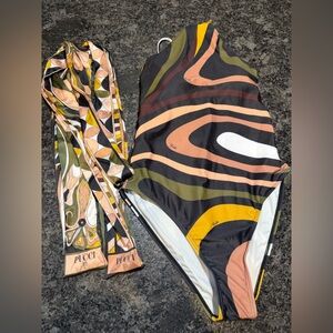 Emilio Pucci Olive, Black, Mustard & Peach Swirl One-Piece with Printed Scarf